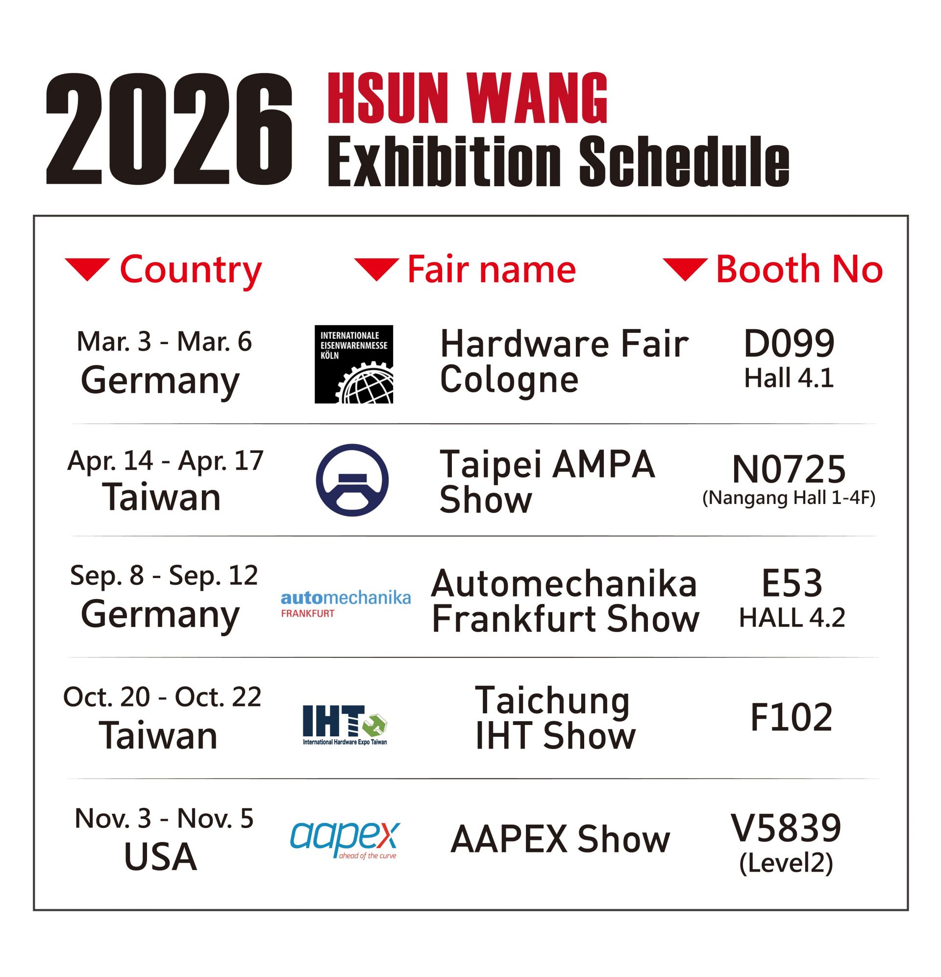 HSUN WANG 2026 International Trade Show Schedule &ndash; Global Tools and Automotive Exhibitions